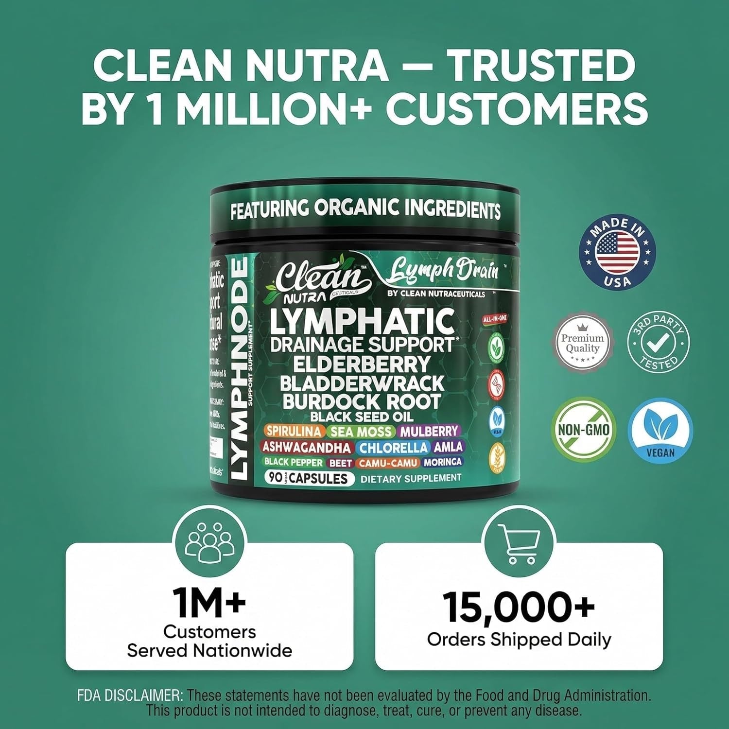 Organic Lymphatic Drainage Supplements | Elderberry Bladderwrack Burdock Root Black Seed Oil Spirulina Sea Moss Ashwagandha Chlorella Amla Beet Moringa Chlorophyll Lymph System Capsules by Clean Nutra